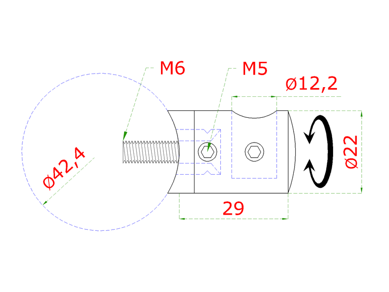 EL1-4212-L - ø 12 mm držiak tyče (koncový-ľavý) na trubku ø 42.4mm (30x22mm), leštená nerez /AISI304