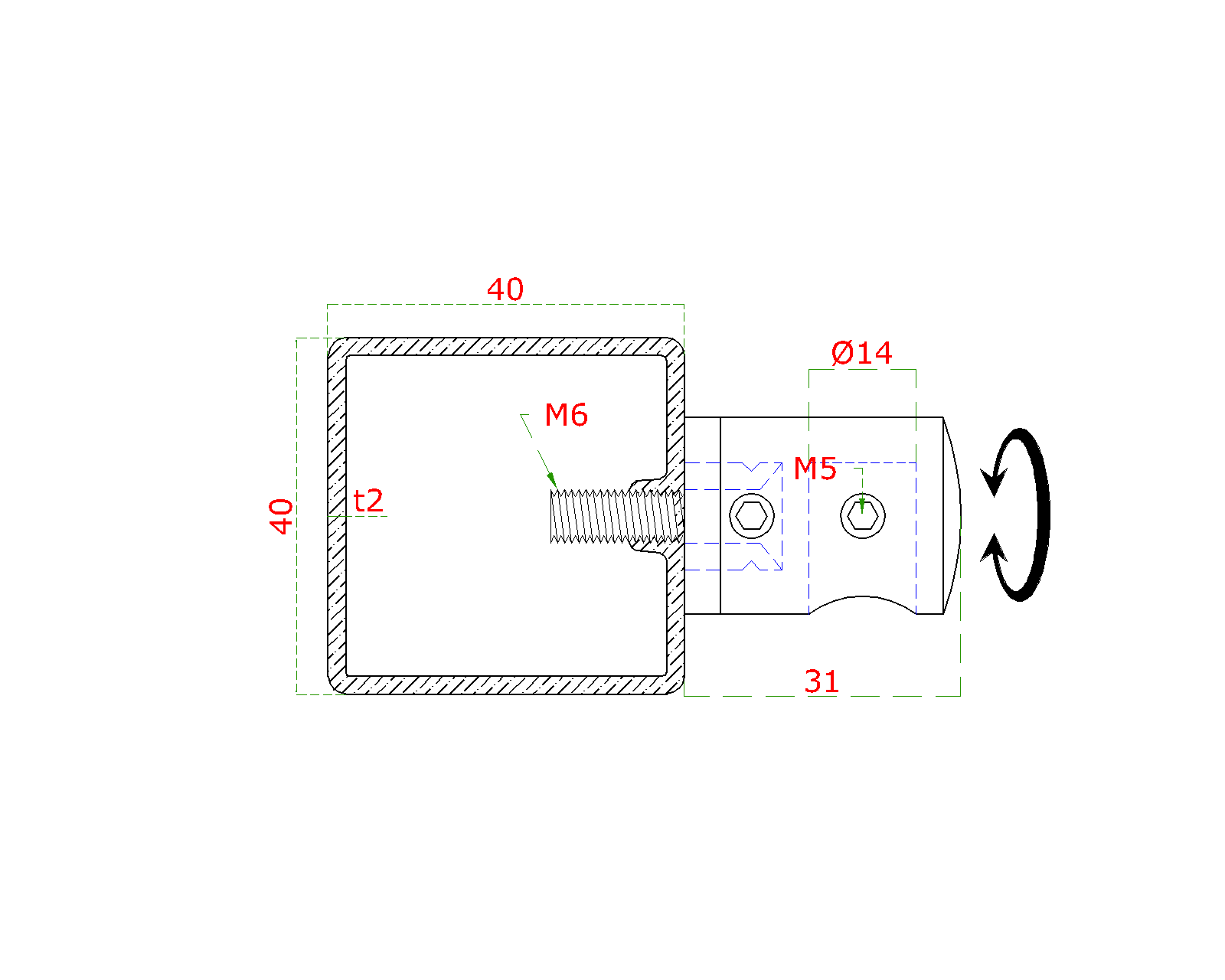 EB1-0214-R - ø 14 mm držiak tyče (koncový-pravý) plochý (30x22mm), brúsená nerez K320 /AISI304
