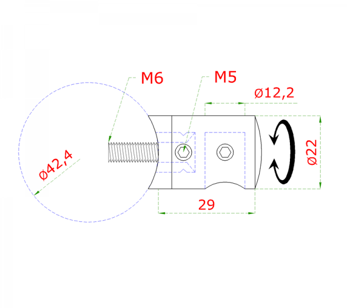 EB1-4212-R - ø 12 mm držiak tyče (koncový-pravý) na trubku ø 42.4mm (30x22mm), brúsená nerez K320 /AISI304