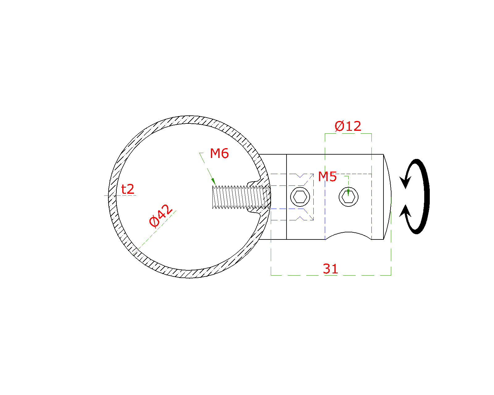 EB1-4214-R- ø 14 mm držiak tyče držiak tyče ø 14mm (koncový-pravý) na trubku ø 42.4mm (30x22mm), brúsená nerez K320 /AISI304