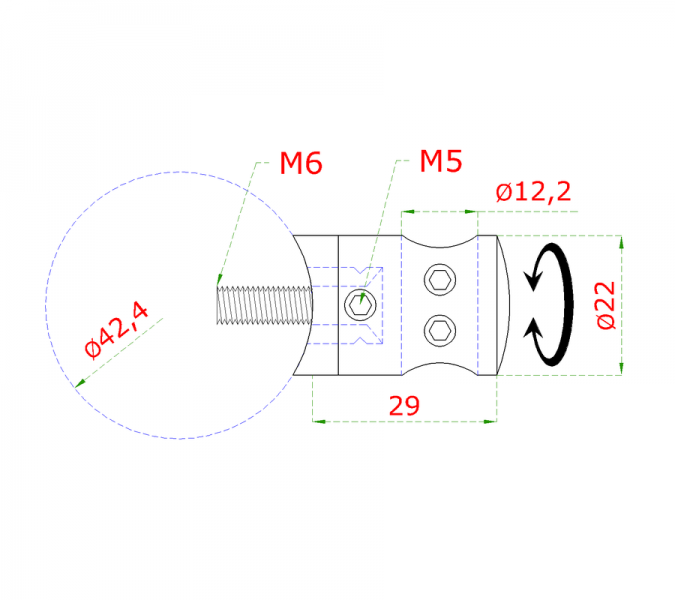 EB1-4212-S - ø 12 mm držiak tyče spojovací, prechodný na trubku ø 42.4mm (30x22mm), brúsená nerez K320 /AISI304