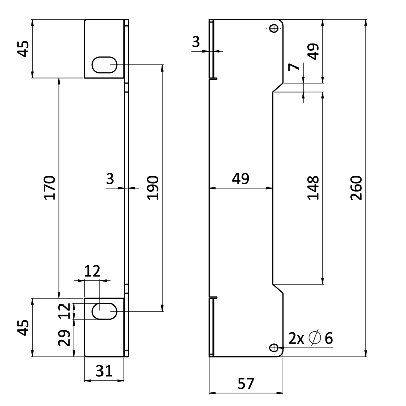 EZK310 - ddorazová kazeta pre elektrozámok pravá/lavá  (260x30x30 mm), pozinkovaná