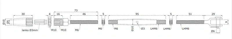 EB1-LSU6 úchyt, šponovák pre nerezové lanko ø 6.0mm so závitom M4-M8 a LH4-LH8, brúsená nerez K320/ AISI304