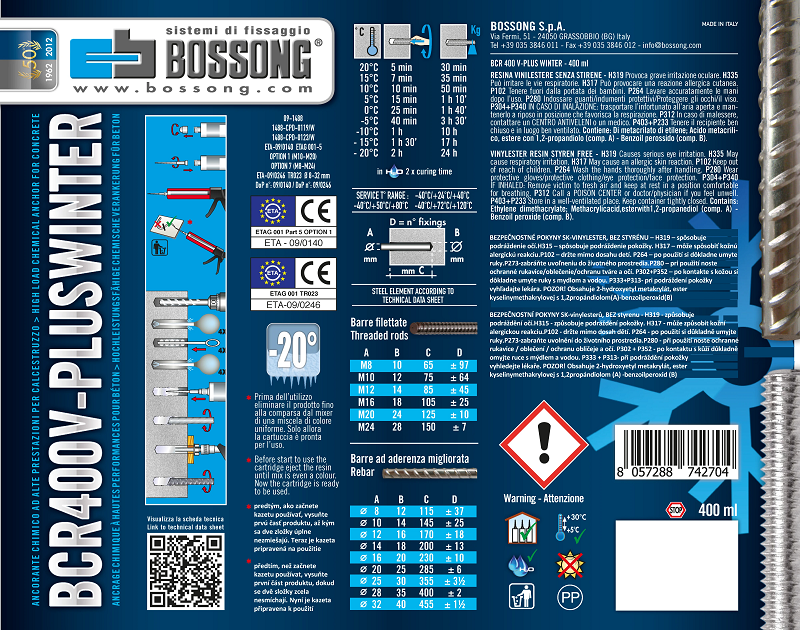 BO-VIN400-W zimné chemické kotvenie 400ml vinylesterové bez styrénu so zmiešavacím hrotom, do -20°C