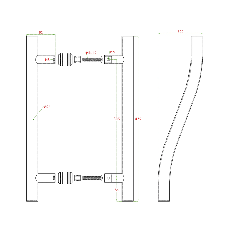 EB1-DM32 madlo nerezové na dvere (475mm / ø 25mm), na sklo 8-12mm, brúsená nerez K320 /AISI304