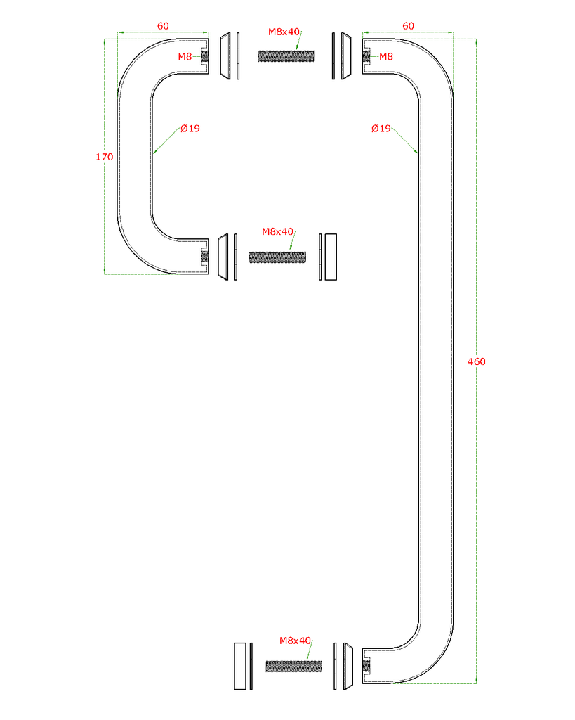 EB1-DM51 nerezové madlo na dvere (460mm / ø19mm), na sklo 8-12mm, brúsená nerez K320 /AISI304