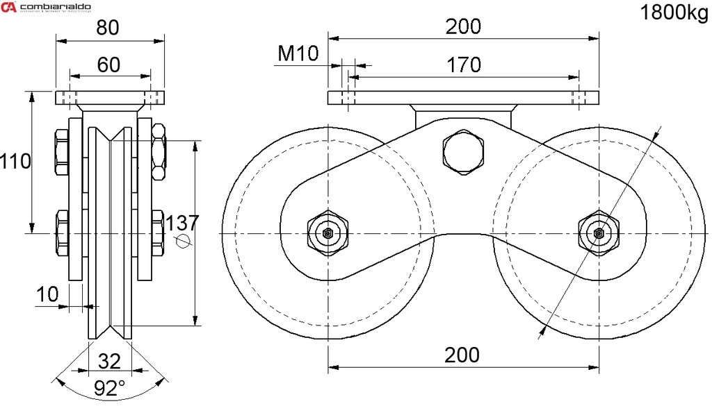 C602/160 koliesko dvojité ø 160mm Combi Arialdo, nosnosť 1800 kg, Zn, V-Profil 