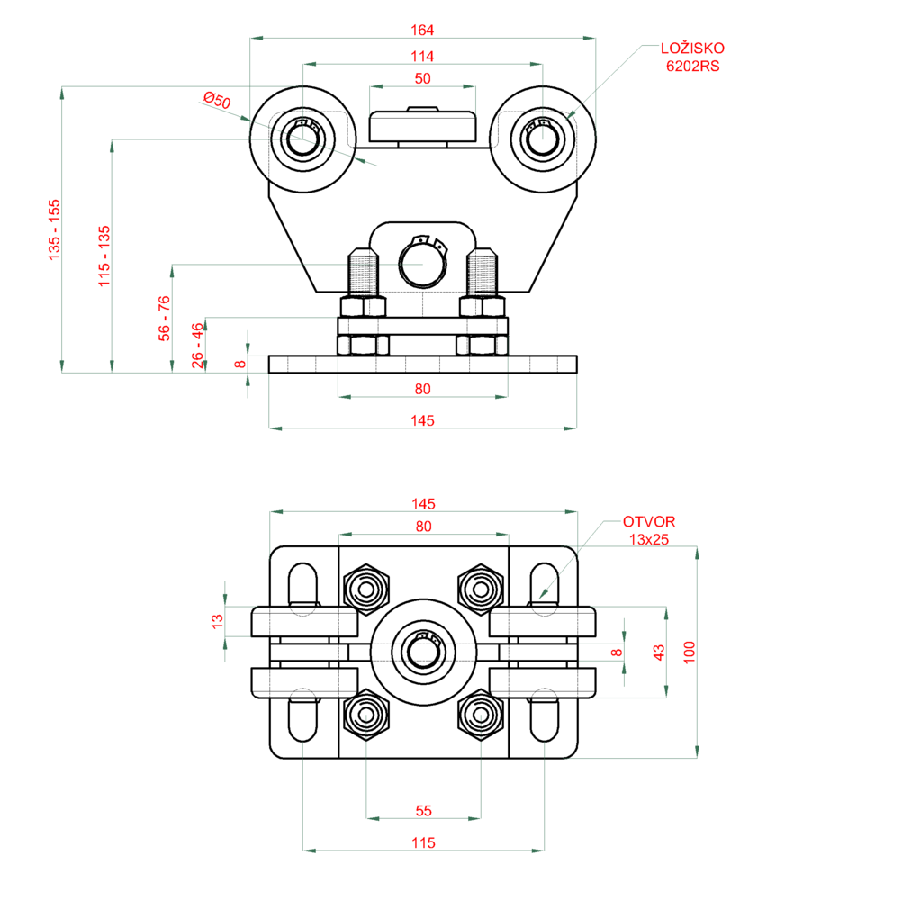 W35S.F2  vozík pre profil C-60x60x4mm samonosného systému posuvnej brány, výškovo nastaviteľný, pozinkovaný, 5x oceľové koliesko s ložiskom 6202RS