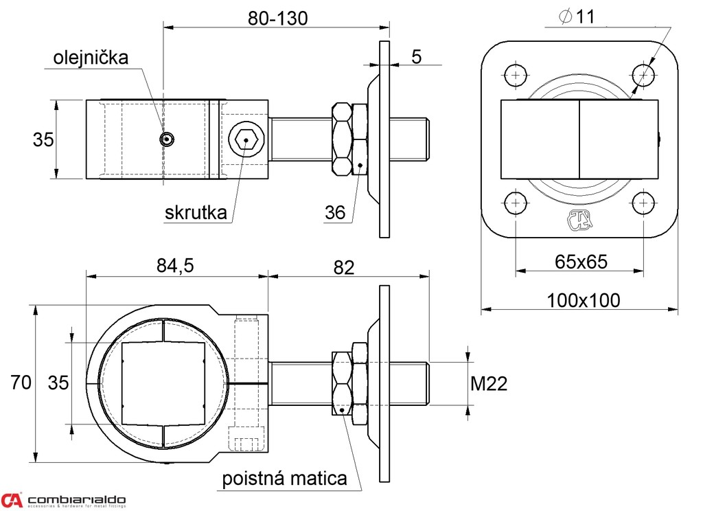C848/M22/35 mm záves nastaviteľný M22 na upnutie štvorhranu 35x35mm, platňa 120x120mm