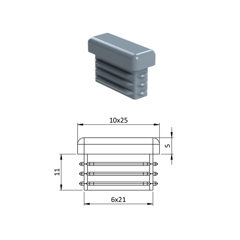 ZP10x25 Obdĺžnikové, Krytka plastová 10 x 25 mm, Čierna, Šedá, 