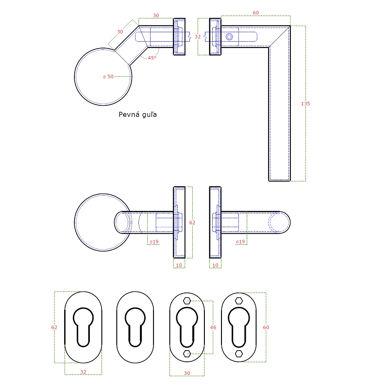 EB1-KGP-L - kľučka (ľavá) + guľa (pevná), vyhnutá vrátane dolnej rozety, balenie: 1ks kľučka (ľavá), 1ks guľa, 2ks dolná oválna rozeta,brúsená nerez AISI304