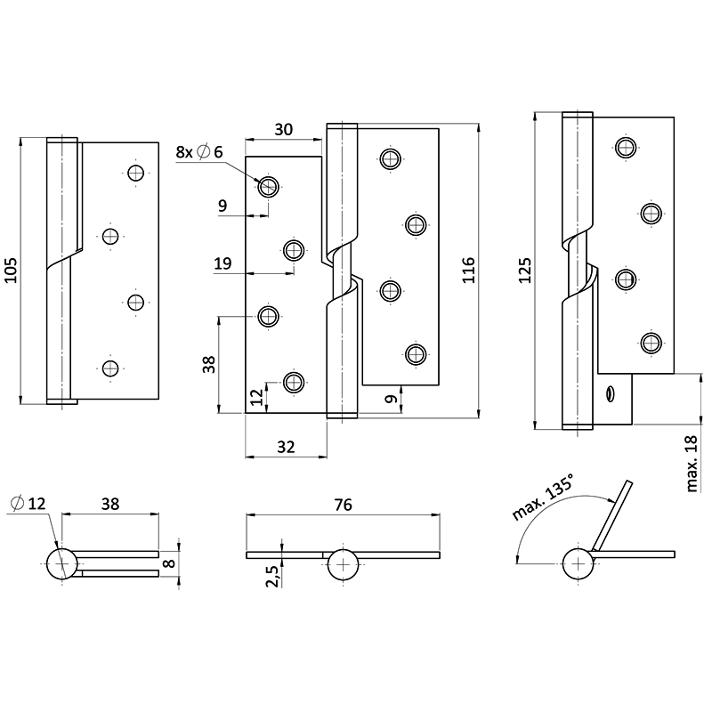 EB1-ZP04-L - nerezové pánty pridvihovacie 2ks (ľavé), 100x75x2.5mm, max. nosnosť: 80 kg (2 pánty), brúsená nerez K320 /AISI304