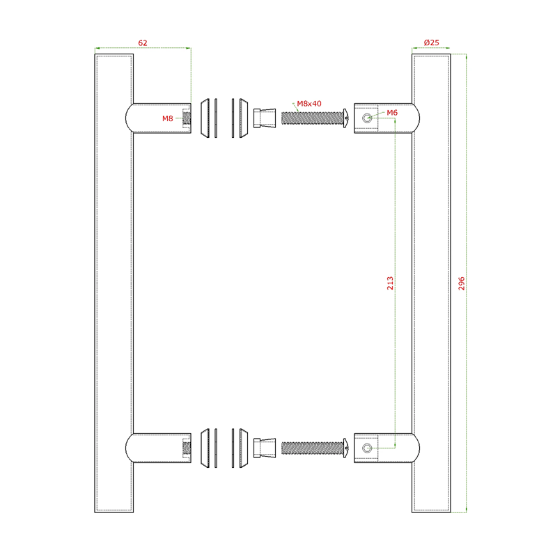 EB1-DM21-B - madlo nerezové na dvere (296mm / ø 25mm), na sklo 8-12mm, brúsená nerez K320 /AISI304