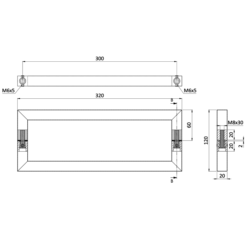 EB1-DM01 - madlo nerezové (300x60x0.8mm / 20x20mm), brúsená nerez K320 /AISI304