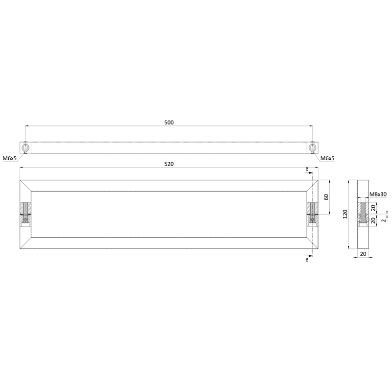 EB1-DM03 - madlo nerezové (500x60x0.8mm / 20x20mm), brúsená nerez K320 /AISI304