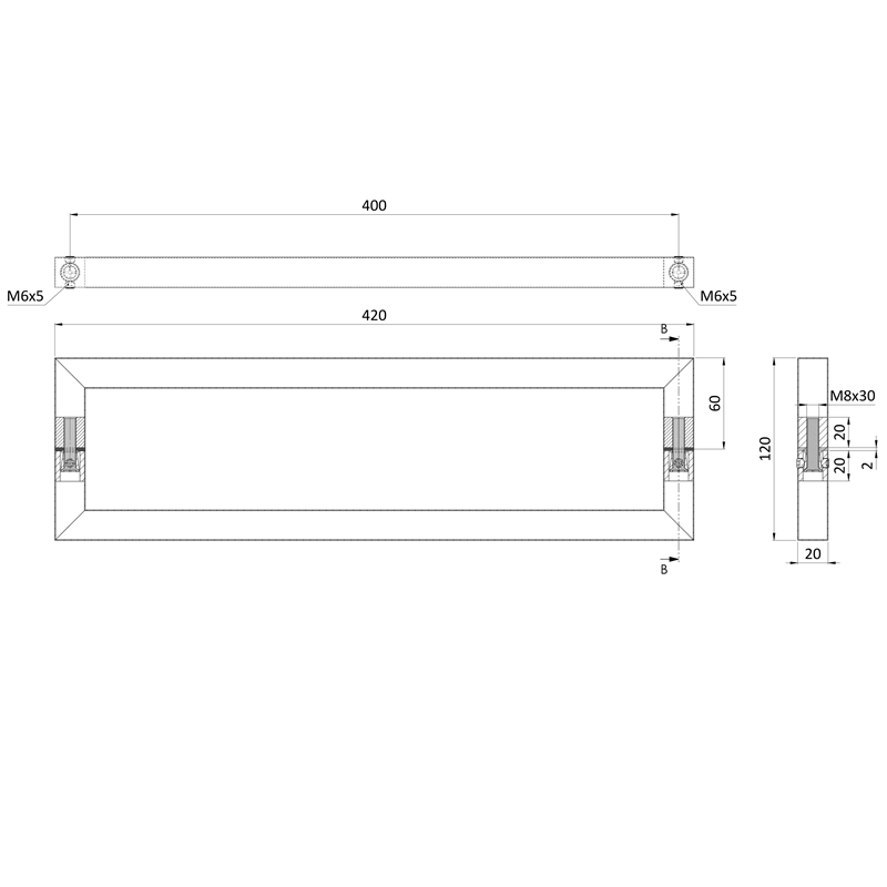 EB1-DM02 nerezové madlo (400x60x0.8mm / 20x20mm), brúsená nerez K320 /AISI304