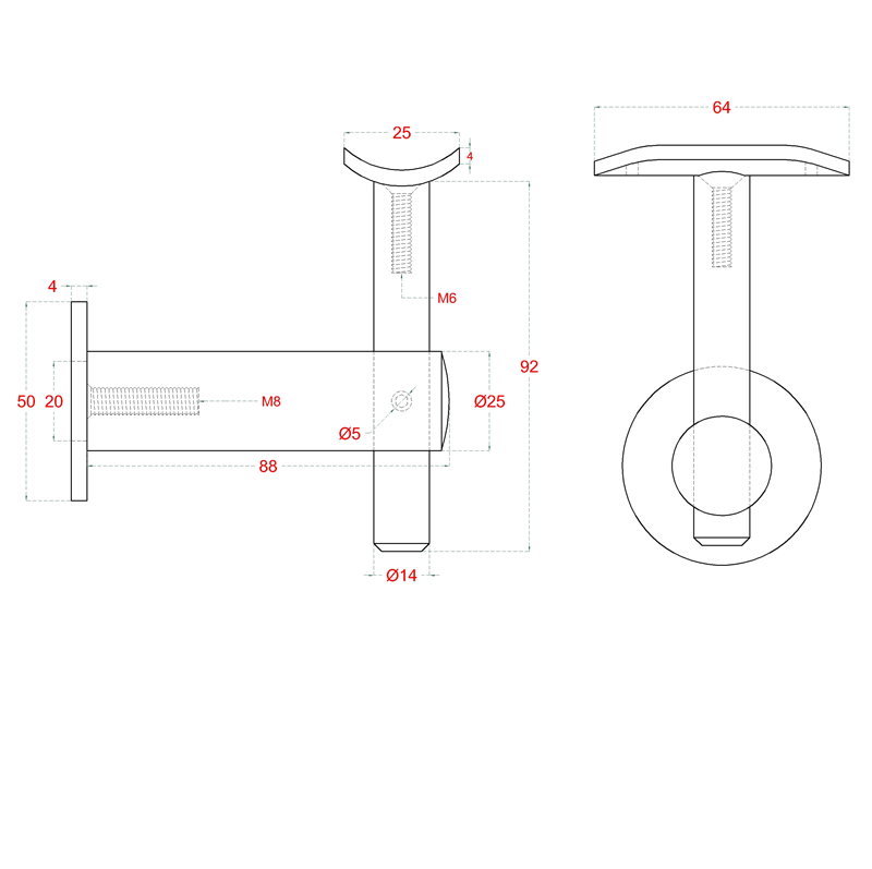 EB1-0330 - držiak madla pevný /ploché uchytenie na stenu M8 / madlo ø42.4 mm, brúsená nerez K320/AISI304