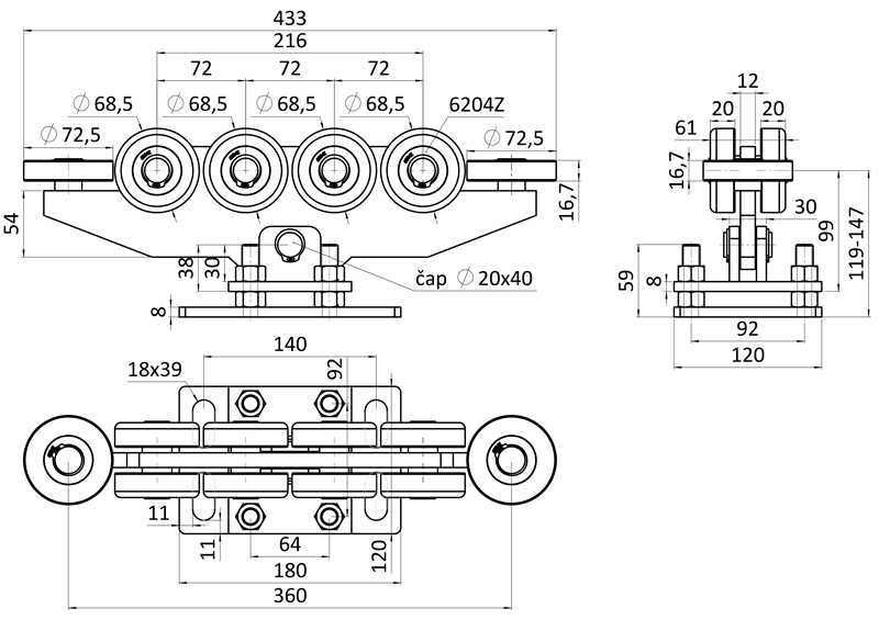 W Set85/Zn-10F2 - samonosný systém 80x85x5mm posuvnej brány do 500kg/7.5m otvor (W39/8085Zn 6m pozinkovaný profil, 2x W310F2.85, 1x W36/85, 1x W37M, 1x W32/85)