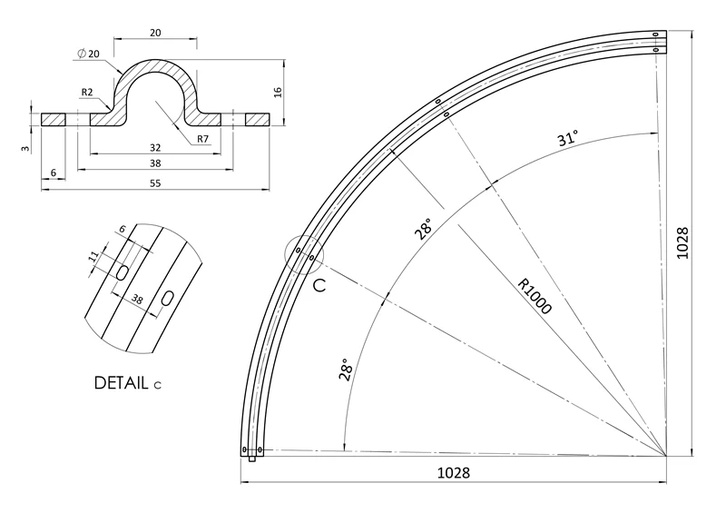 C902/20-90-1 Vodiaci profil pre brány, U ø20mm profil, polomer 1m, zakrivenie 90 stupňov, 2 kusy v balení