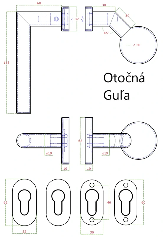 EB1-OKG-R Kľučka (P) + guľa (otočná), vyhnutá vrátane rozety, AISI304