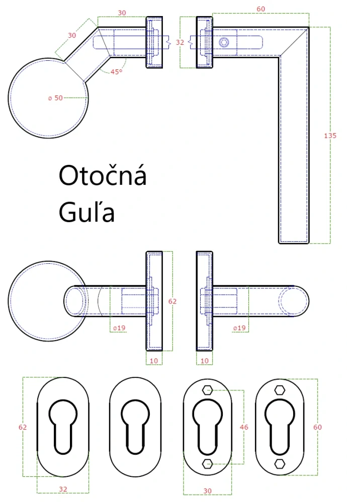 EB1-OKG-L kľučka (ľavá) + guľa (otočná), vyhnutá vrátane dolnej rozety, balenie: 1ks kľučka (ľavá), 1ks guľa, 2ks dolná oválna rozeta,brúsená nerez AISI304