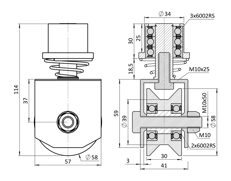 W458V Otočné vodiace koliesko pre U profil, 58mm