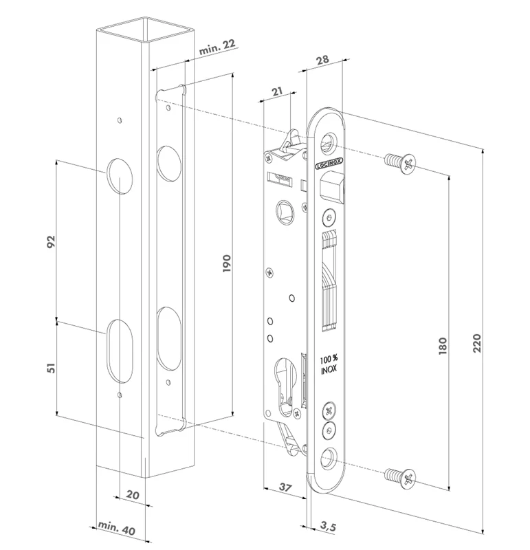 FORTYSET-40I-JA Sada na zamykanie krídlovej bránky, pre profil 40 x 40 mm