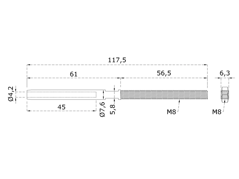 EB1-UL Úchyt pre lanko ø 4, 5 alebo 6 mm, M8, brúsená AISI 304