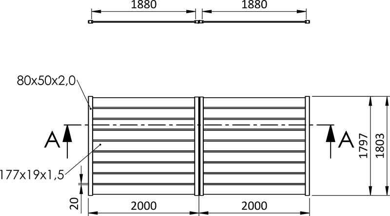 AL-BR-SWI-2 rídlová brána, hliníková, šírkovo nastaviteľná, 4000 x 1803 mm