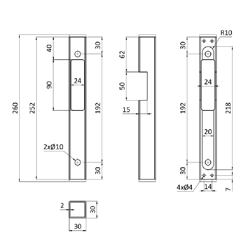 EZKD316 set - dorazová kazeta pravá/lavá EZK310 (260x30x30 mm) + elektrický zámok EZD332 s lištou 