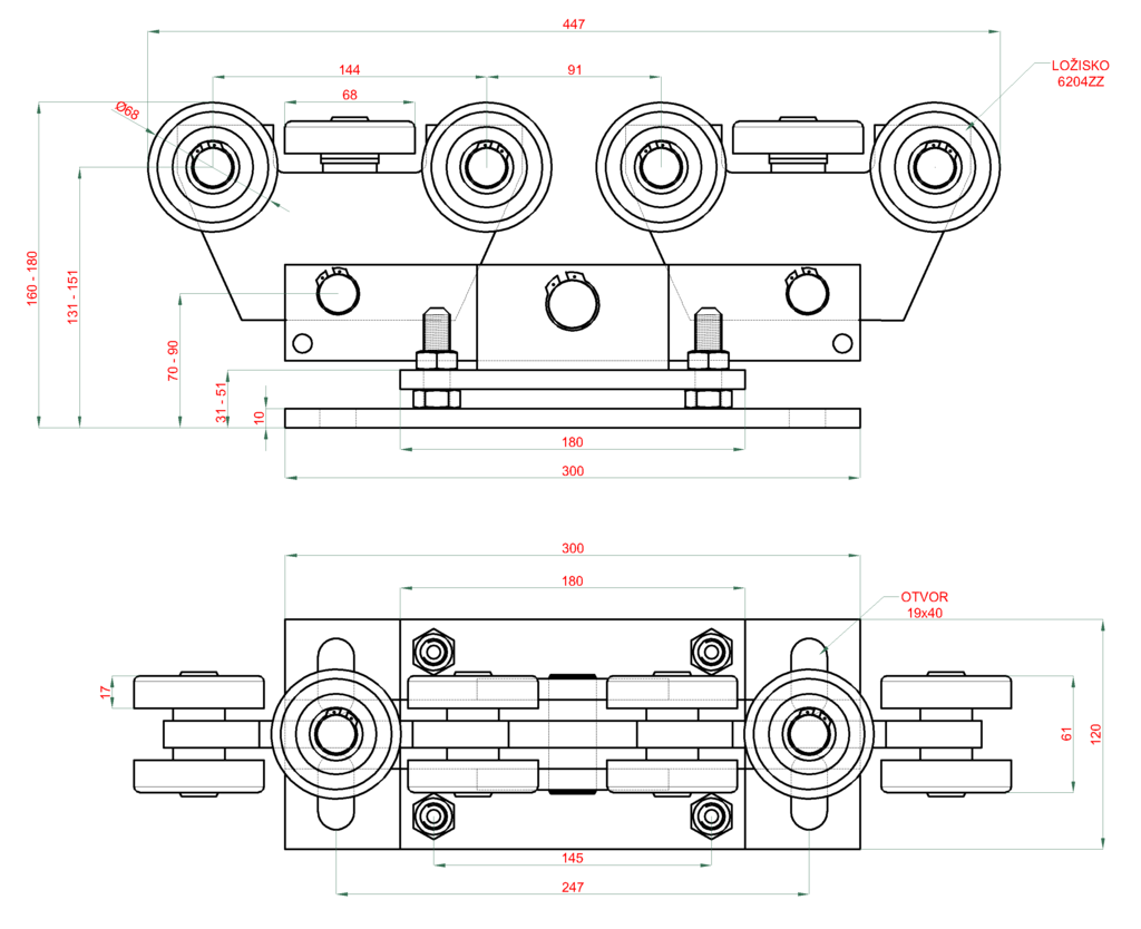 W3910F.80 vozík pre C-profil 80x80x5mm výškovo nastaviteľný, 10x oceľové koliesko s ložisk