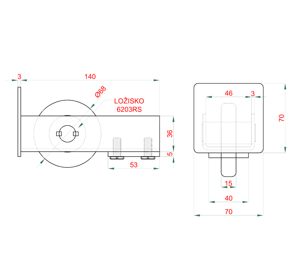 W36/70 nábehové koliesko samonosnej brány pre profil 70x70x4mm