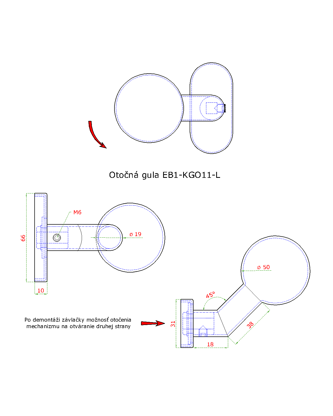 EB1-KGO11N-L guľa otočná, ľavá ku kľučke s oválnou rozetou, bal. : 1 ks, brúsená nerez K320 /AISI30