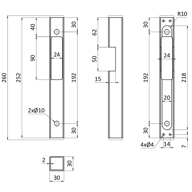 EZK310 - ddorazová kazeta pre elektrozámok pravá/lavá  (260x30x30 mm), pozinkovaná