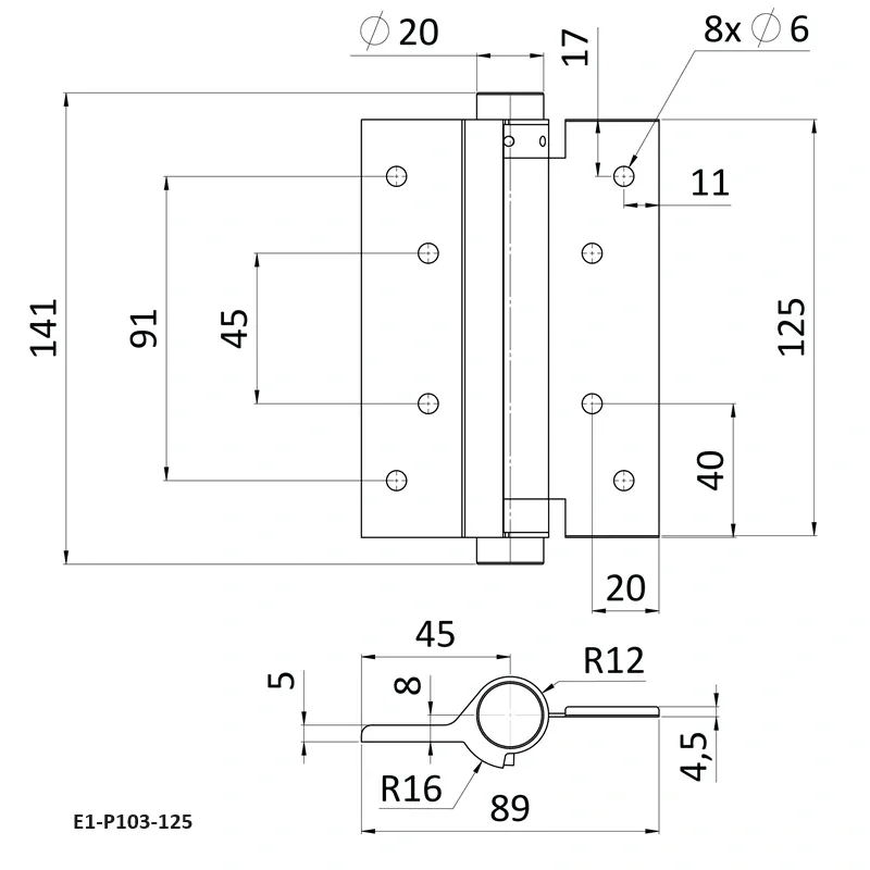 E1-P103 Samozatvárací pánt pre krídlové dvere, nerezový, cena za PÁR