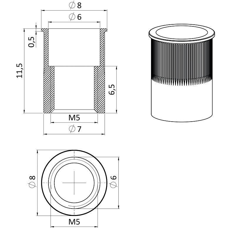 E1-NRM nerezová redukovaná nitovacia matica M10, zapustená hlava, ryhovaný driek, AISI304