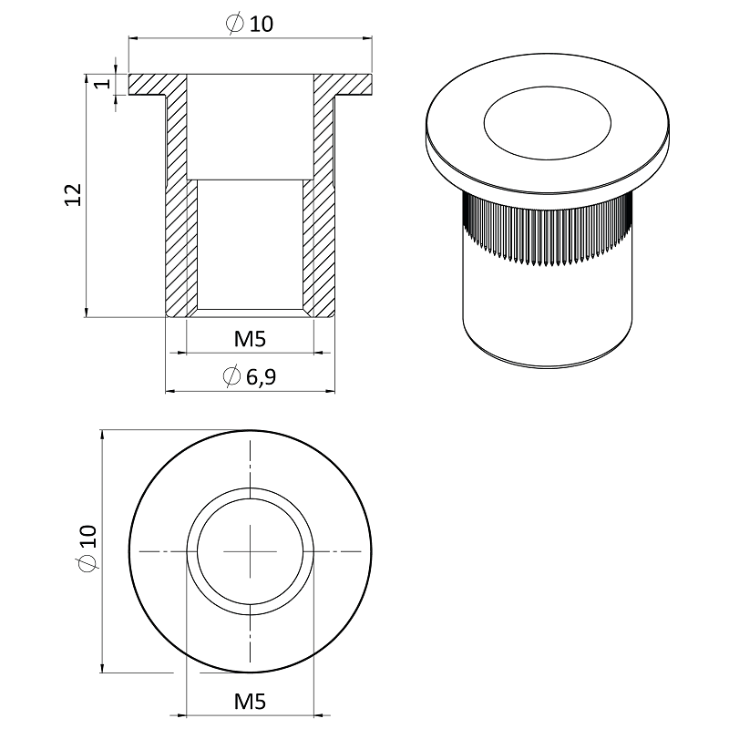 M8 - E1NLM nerezová límcová nitovacia matica M5-M10, ryhovaný driek, AISI304