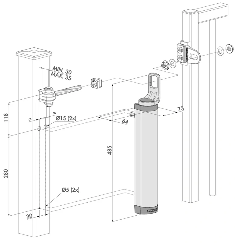 STRIEBORNÁ - LOCINOX® RHINO hydraulický zatvárač otvárateľný 180°, na priamu montáž na pánty so závitom M16 a M20