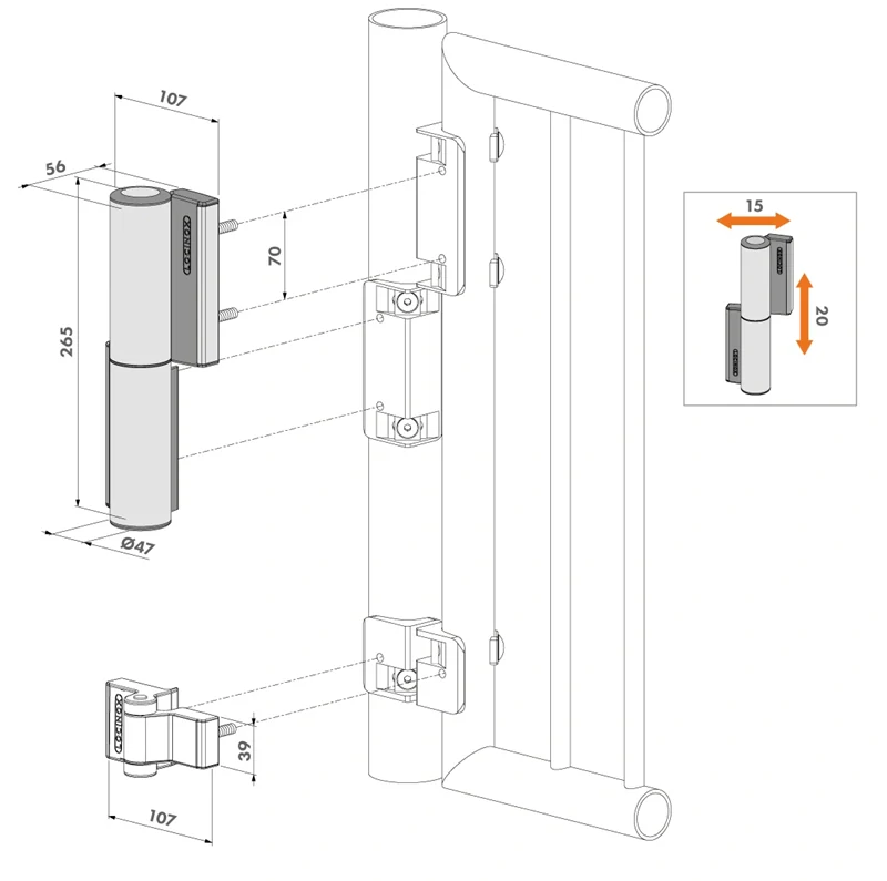 Čierna 9005 - LOCINOX®  záves so zabudovaným zatváračom pre brány do 75 kg / 1.1 m, otvarateľný do 180°/ Strieborná - Čierna