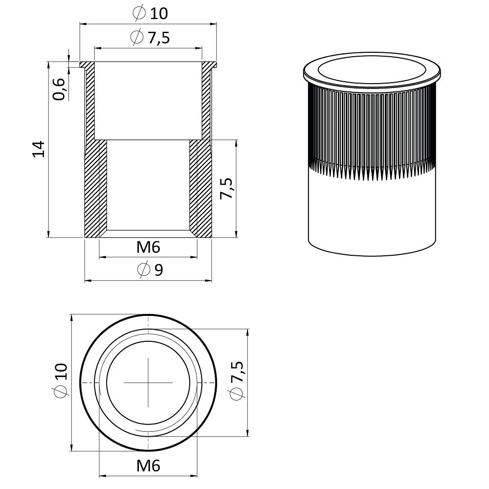 E1-NRM nerezová redukovaná nitovacia matica M10, zapustená hlava, ryhovaný driek, AISI304