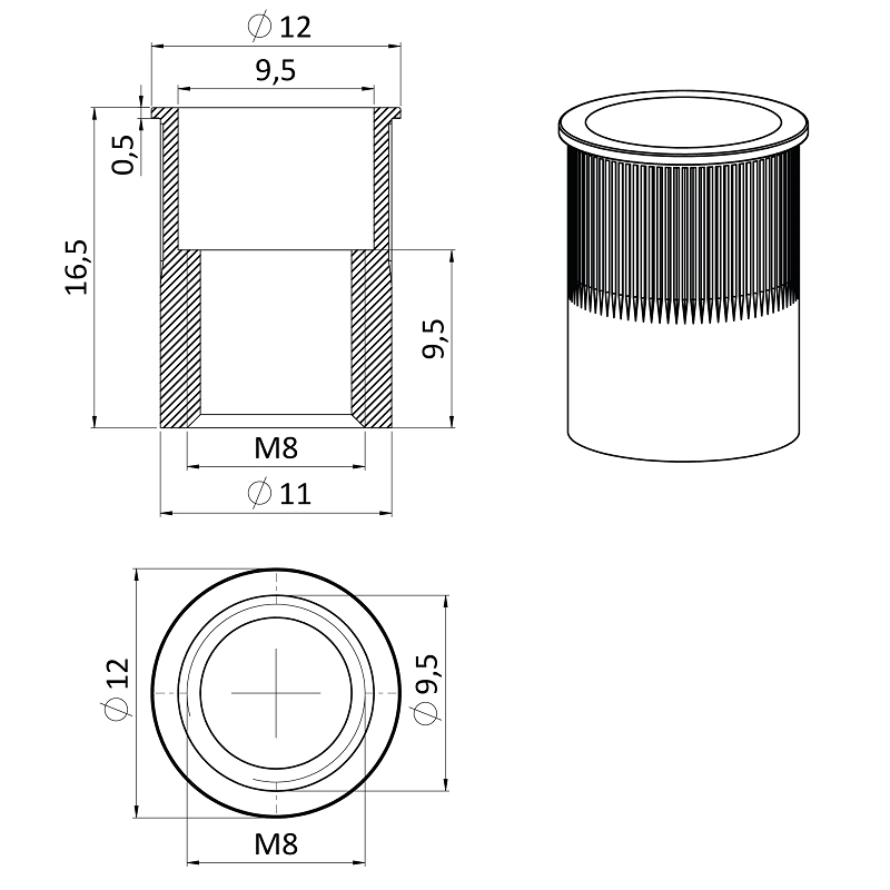 E1-NRM nerezová redukovaná nitovacia matica M10, zapustená hlava, ryhovaný driek, AISI304