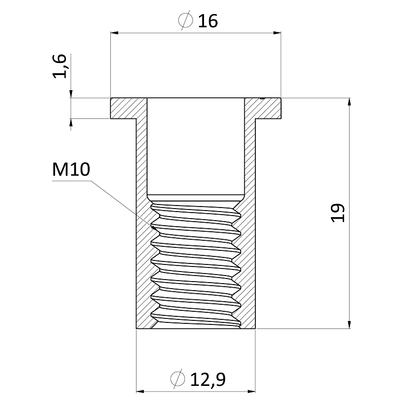 FH-RB/AL nitovacia matica hliníková, M10, plochá hlava, hladký driek