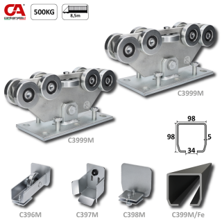C Set-M/Fe-9 MEDIO-9 samonosný systém 98x98x5mm posuvnej brány do 500kg/8,5m otvor (C399M/Fe 1x6m čierny profil, C3999M 2ks, C396M 1ks, C397M 1ks, C398M 1ks), intenzívna prevádzka