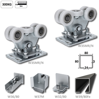 W Set80/Fe-N  Samonosný systém pre posuvné brány do 300kg, otvor max. 5m, C-profil 80x80x5mm W39/80Fe 6m, 2x W35MR/ N, 1x W32/80, 1x W36/80, 1x W37M