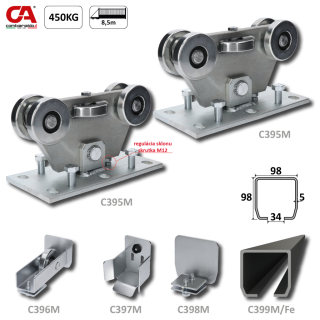 C Set M/Fe MEDIO-Klasik (98x98x5mm) MEDIO-Klasik samonosný systém 98x98x5mm posuvnej brány do 450kg/8,5m otvor (C399M/ Fe 1x6m čierny profil, C395M KLASIK 2ks, C396M 1ks, C397M 1ks, C398M 1ks), bežná prevádzka