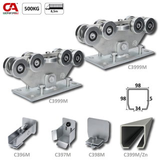 C Set-M/Zn-9 MEDIO samonosný systém 98x98x5mm posuvnej brány do 500kg/8,5m otvor (C399M/ Zn 1x6m pozinkovaný profil, C3999M 2ks, C396M 1ks, C397M 1ks, C398M 1ks), intenzívna prevádzka