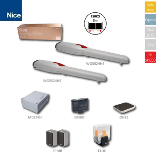 WINGO HI-SPEED sada rýchlych pohonov pre krídlovú bránu do 3m/ krídlo, 2x WG3524HS (24V, 120W, 1500N), 1x MC824H, 1x OXIBD, 1x EPMB, 1x ON2E, 1x ELDC