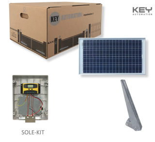 KEY SOLE-KIT Solárny KIT pre 24V pohony KEY. KIT obsahuje: solárny panel 30W, riadiacu jednotku, držiak na panel, BEZ BATERIE