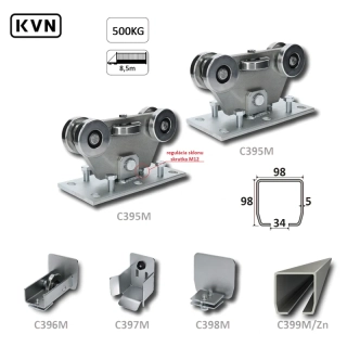 C Set-M/Zn-K MEDIO-Klasik samonosný systém 98x98x5mm posuvnej brány do 450kg/8,5m otvor (C399M/ Zn 1x6m pozinkovaný profil, C395M KLASIK 2ks, C396M 1ks, C397M, C398M 1ks), bežná prevádzka