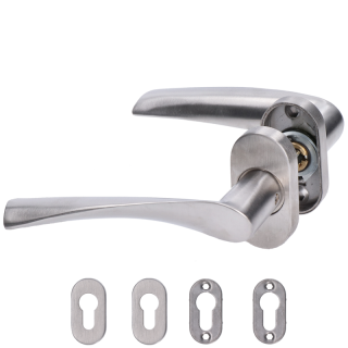 EB1-KOR01 kľučka nerezová (pár) vrátane dolnej rozety, balenie: 2ks kľučka + 2ks dolná rozeta, príslušenstvo k montáži, brúsená nerez K320 /AISI304